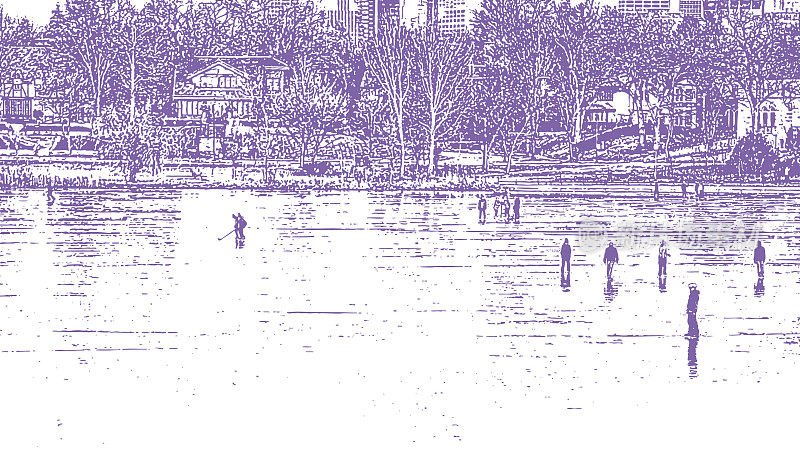 Group of people Ice skating on a frozen lake